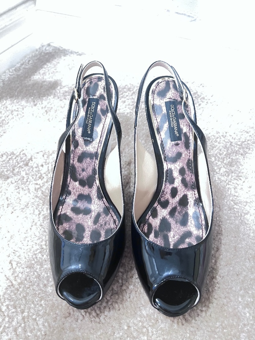 Dolce &Gabbana Peep Toe Sling Back Leopard Heels, Patent Leather